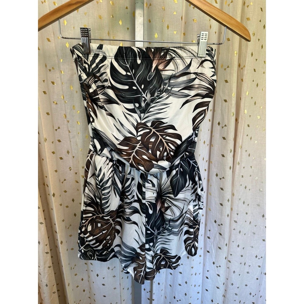Luz Hawaiian Inspired Tropical Monstera Palm Leaves Side Ruch Strapless Romper S
